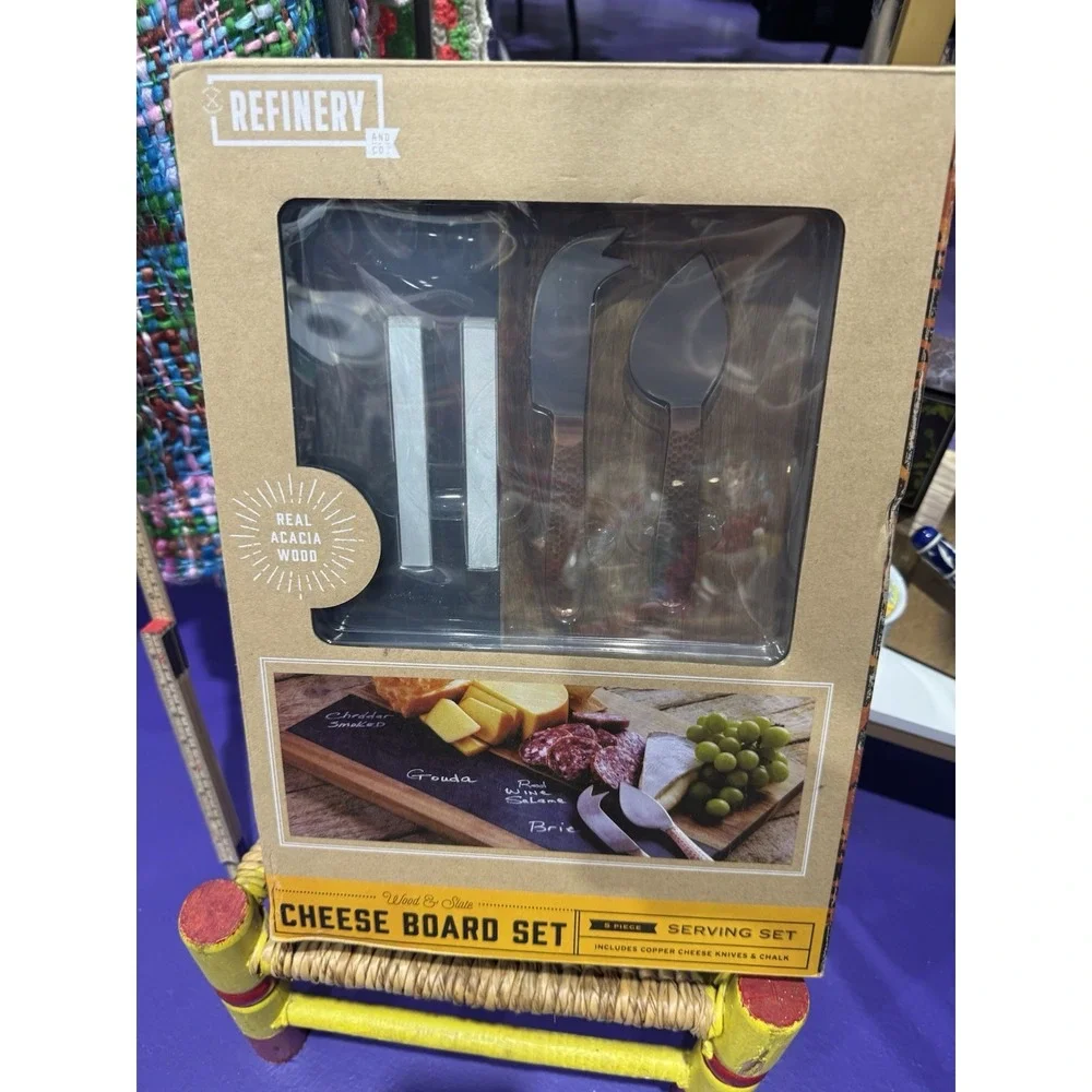 Refinery & Co Acacia Wood Slate Cheese Board Set Copper Knives 5 Piece NWT